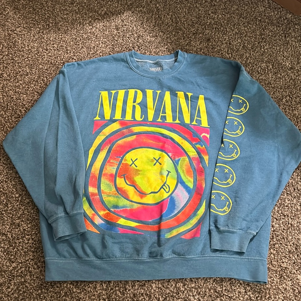 Urban Outfitters Blue Nirvana Graphic Crewneck with Neon Multicolor Print